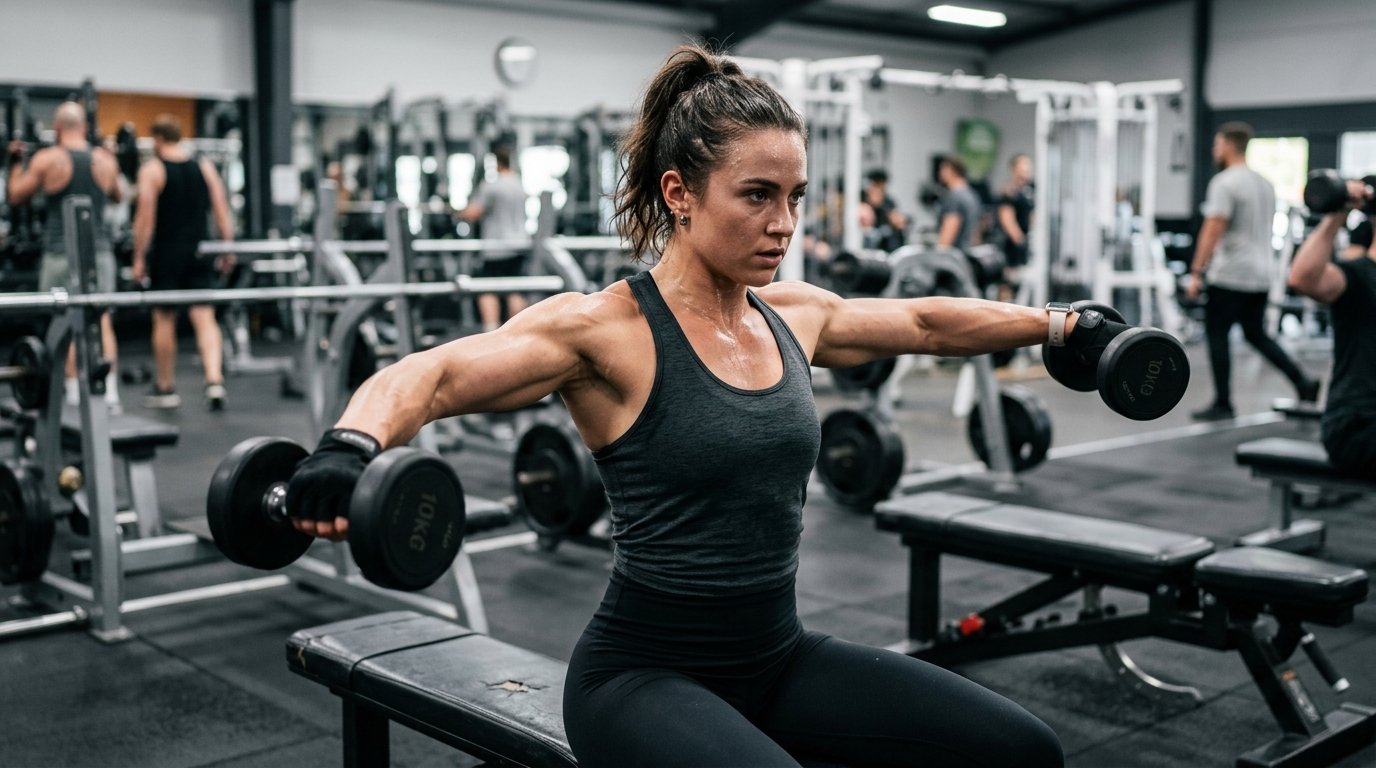 mulher na academia treinando deltóide