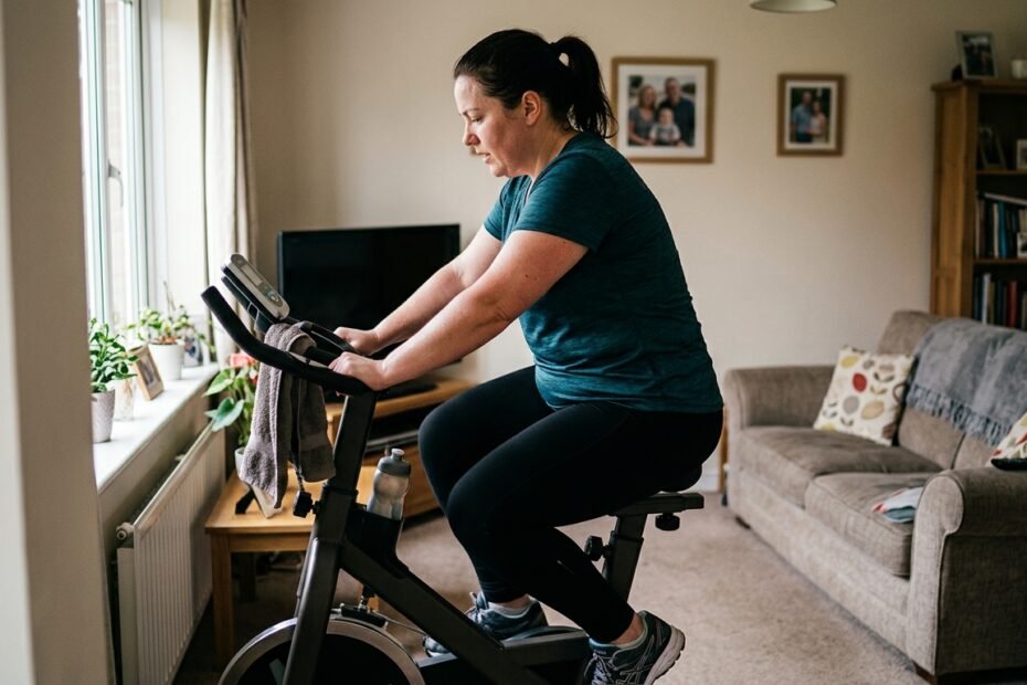 mulher em casa queimando calorias na bicicleta ergométrica