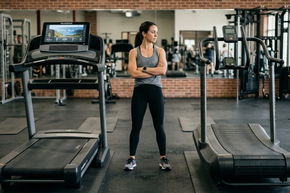 mulher em dúvida se escolhe uma esteira elétrica ou uma ergométrica para seus exercícios
