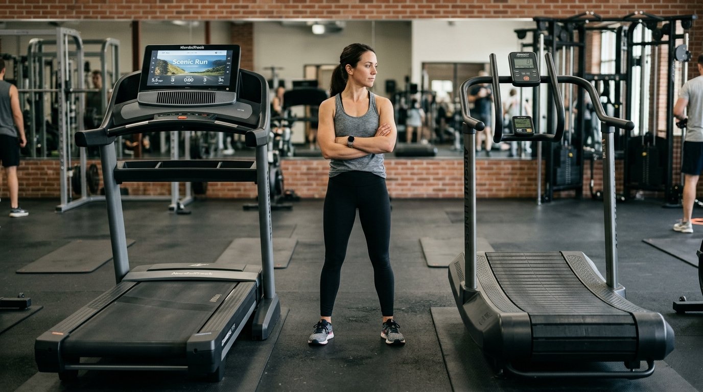 mulher em dúvida se escolhe uma esteira elétrica ou uma ergométrica para seus exercícios