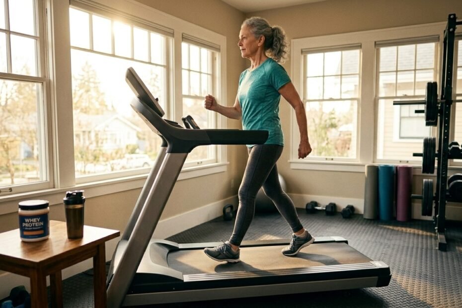 idosa que usa whey protein para sarcopenia