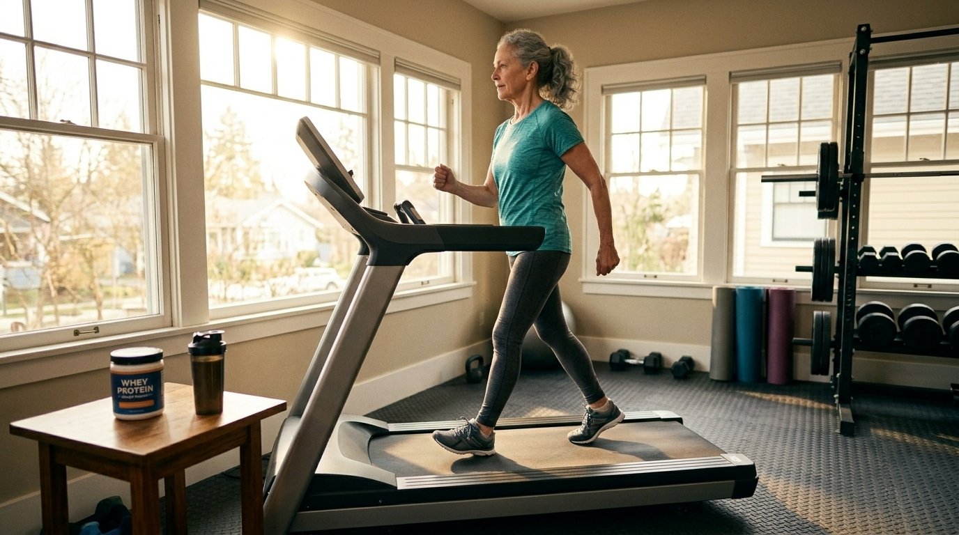idosa que usa whey protein para sarcopenia