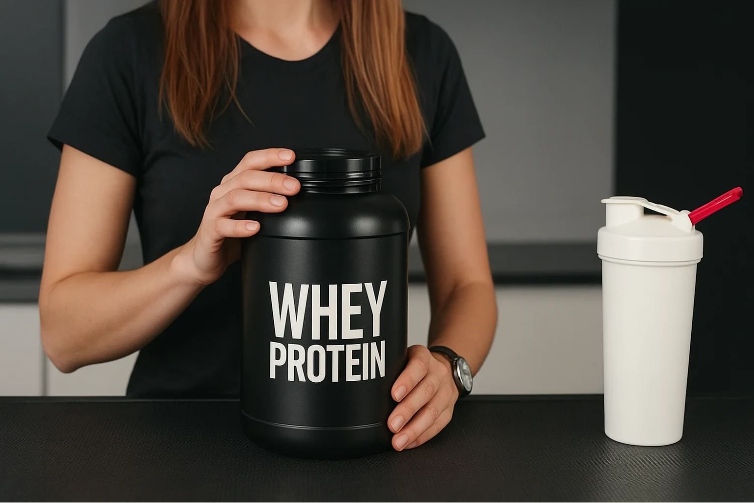 mulher se preparando para usar um whey protein para ganhar massa muscular