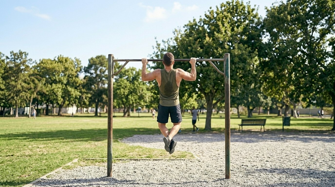 Homem no parque treinando barra fixa
