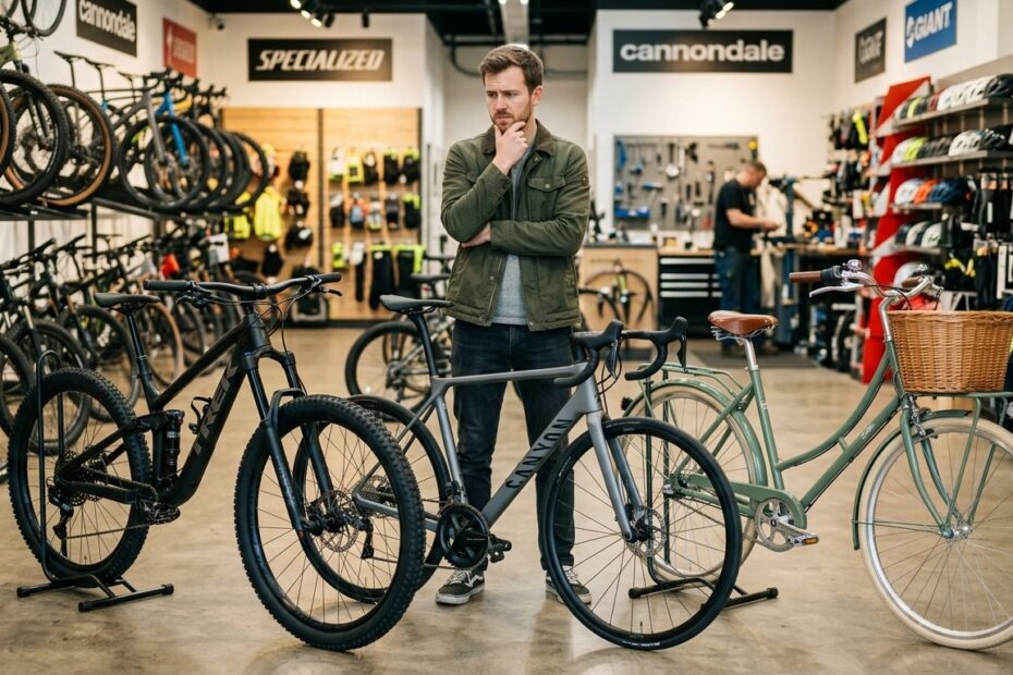 Homem em dúvida da bicicleta que vai comprar